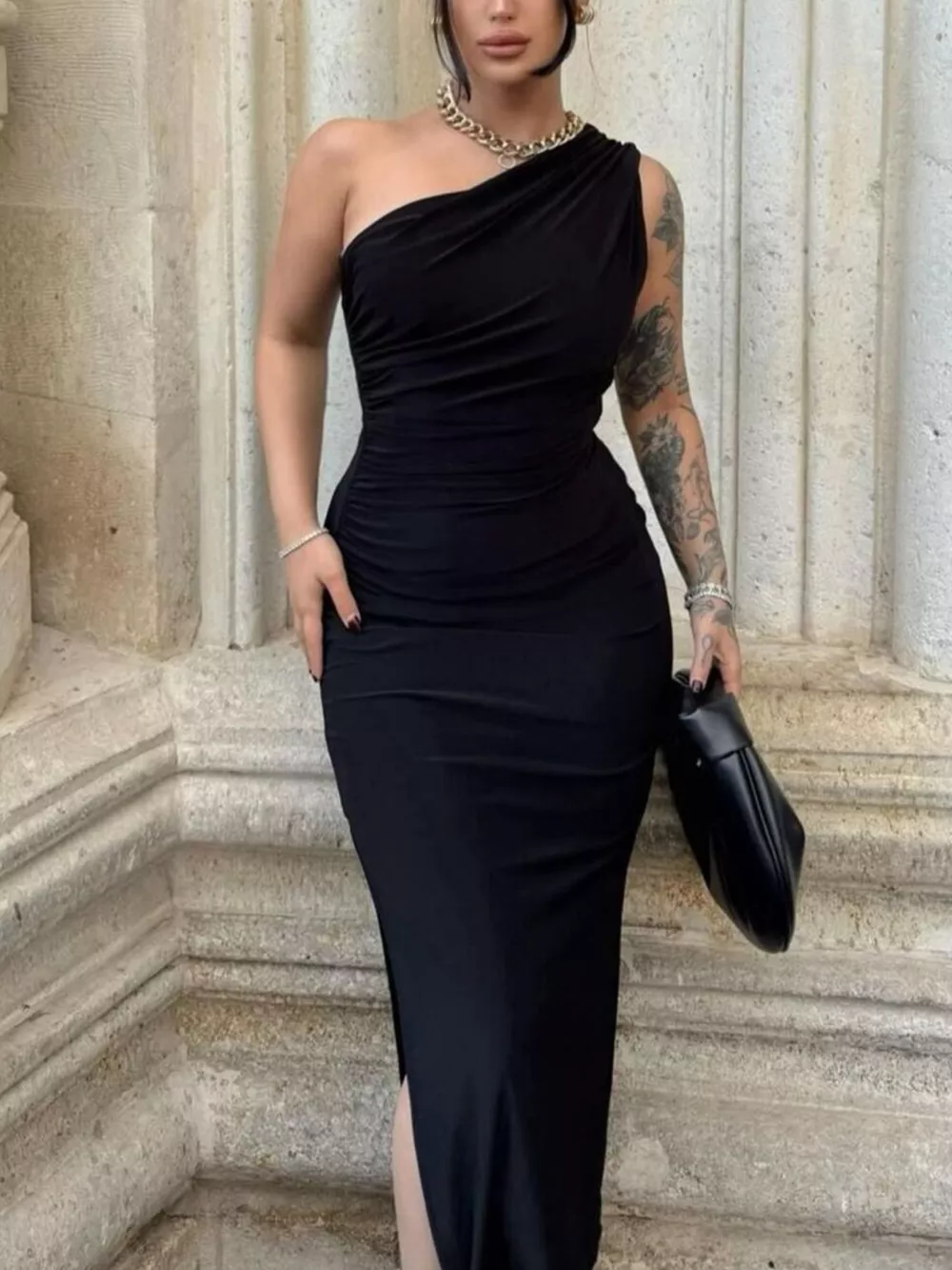 One-Shoulder Ruched Bodycon Slit Dress, image 4