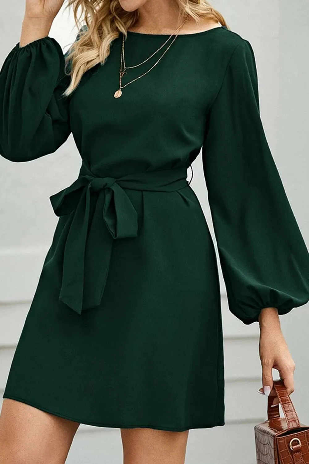 Tied Boat Neck Balloon Sleeve Mini Dress, image 22