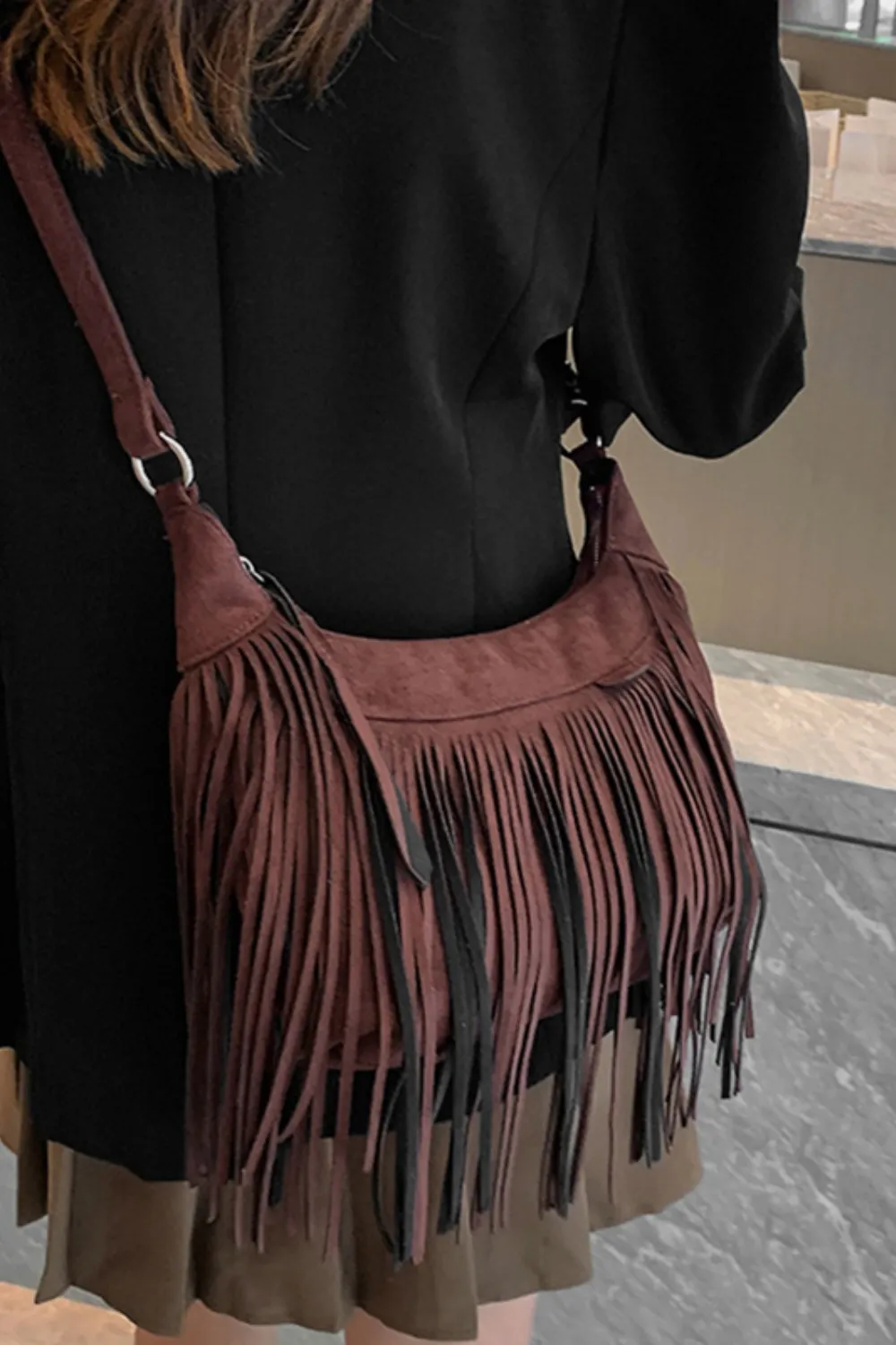 Suede Fringe Adjustable Strap Shoulder Bag, image 8