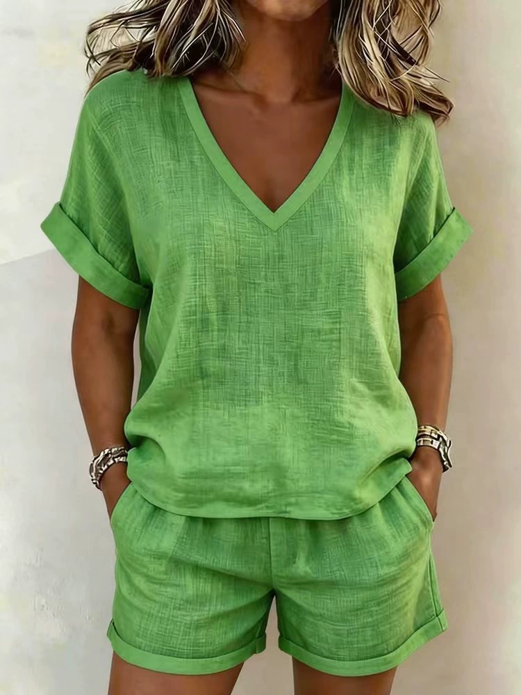 V-Neck Linen Blend Short Sleeve Top and Shorts Set, image 7