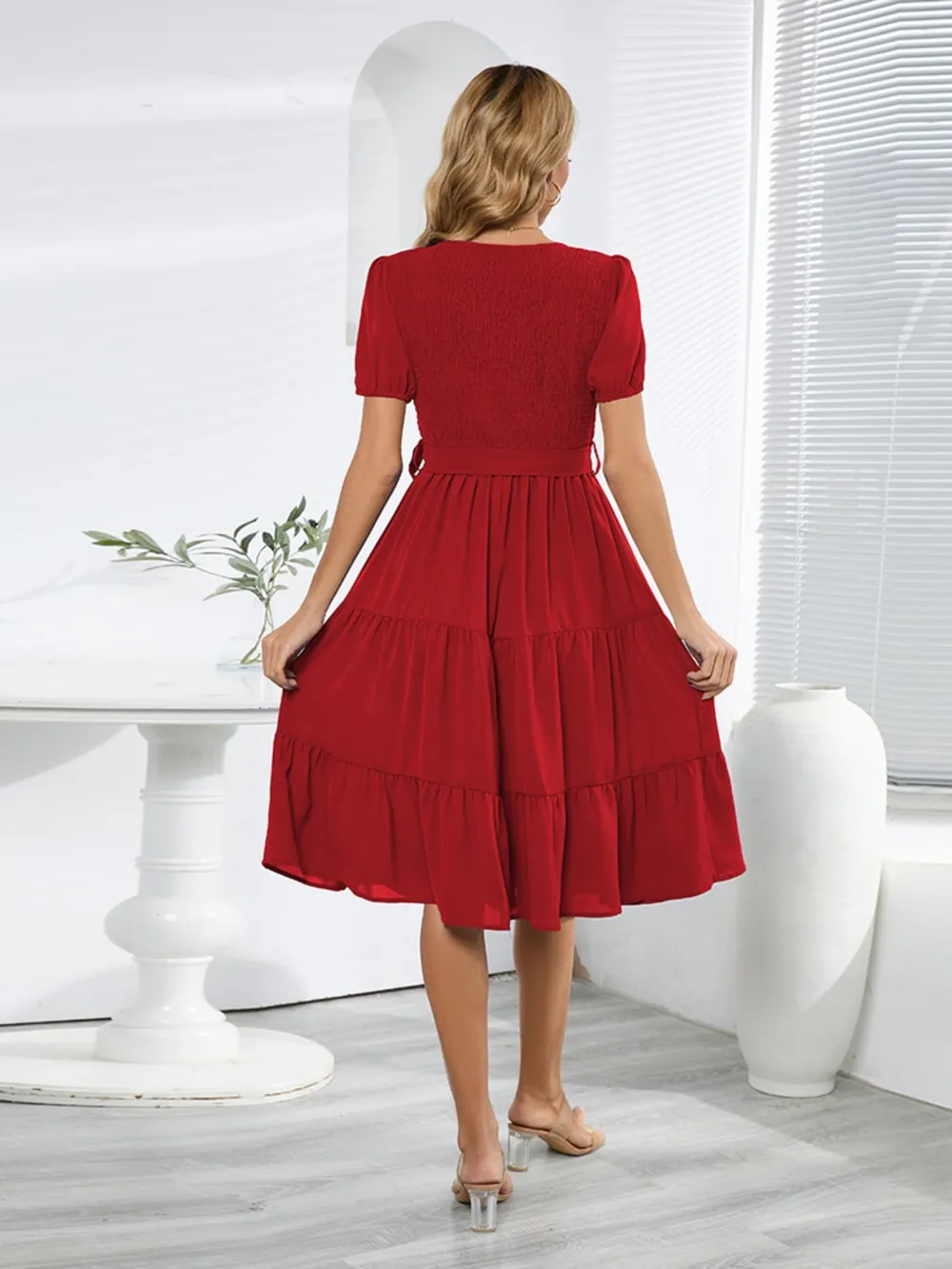 Smocked Tie Front Short Sleeve Tiered Dress, image 5