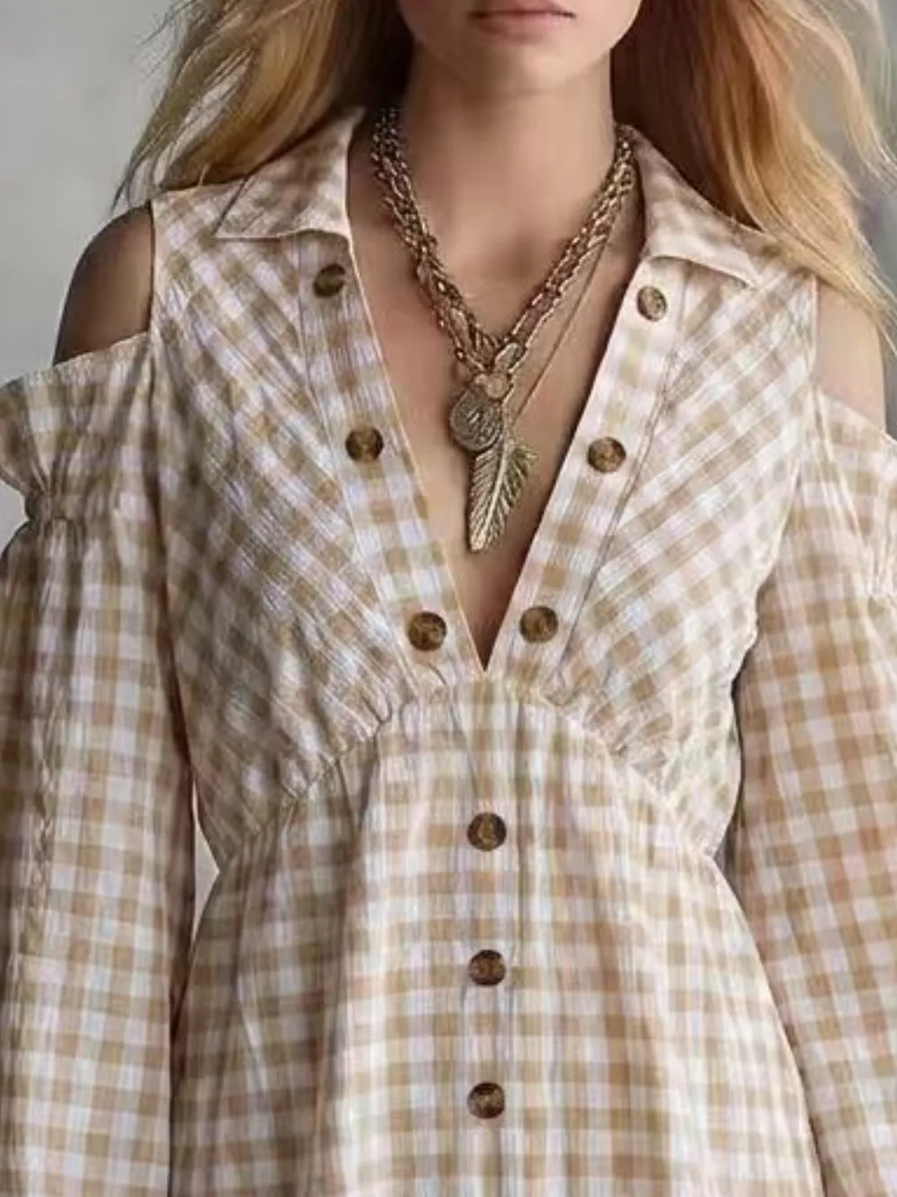 Gingham Cold-Shoulder Mini Dress, image 2