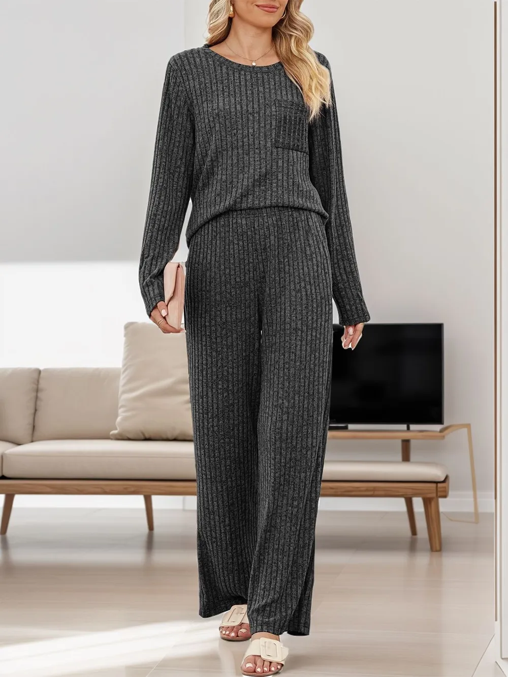 Round Neck Long Sleeve Top and Pants Set, image 3