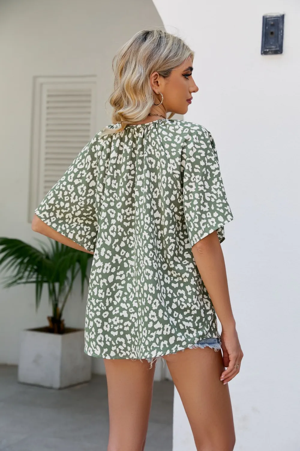 Leopard Notched Half Sleeve Blouse, image 3