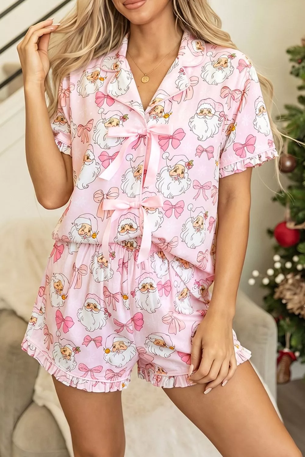 Santa Print Paneling Shift Silhouette Short Sleeve Lounge Set, image 3