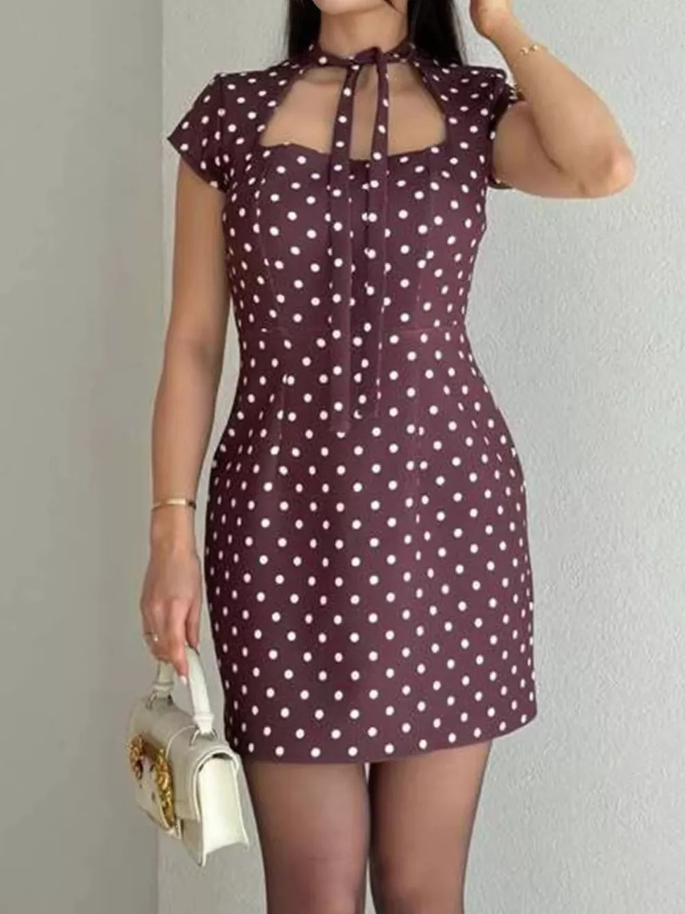 Full Size Polka Dot Tie-Neck Bodycon Mini Dress Plus Size, image 2