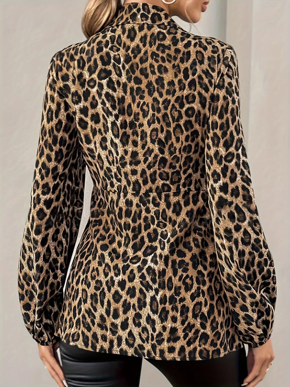Leopard Print Tie Front Long Sleeve Blouse, image 5
