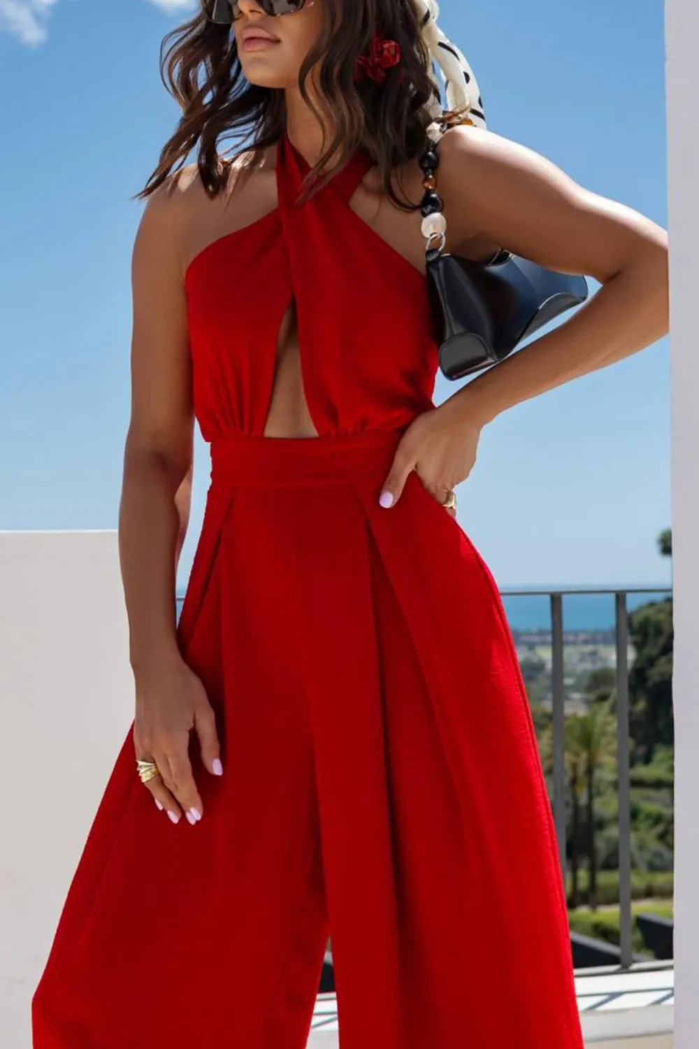 Halter Neck Wide Leg Jumpsuit with Keyhole Detail, image 5