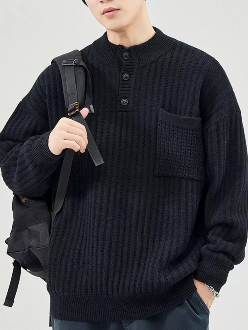 Men's Full Size Button Detail Long Sleeve Sweater Plus Size, image 6