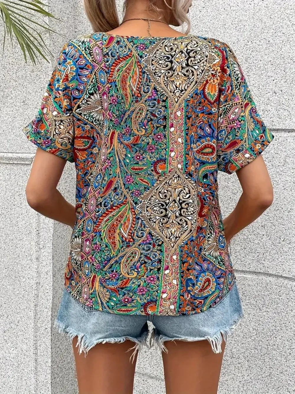 Bohemian Paisley Print V-Neck Short Sleeve T-Shirt, image 3