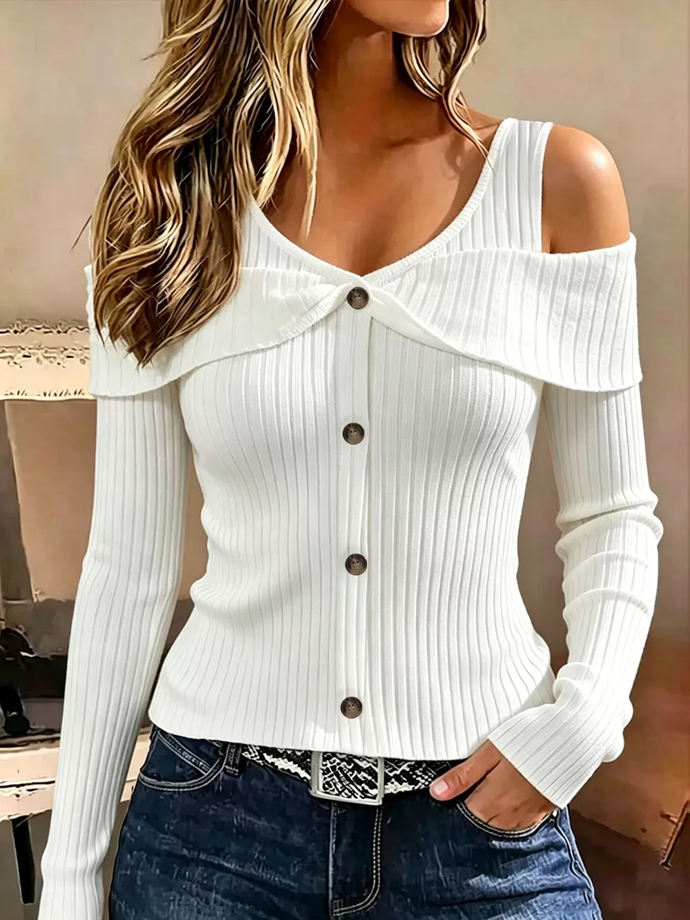 Cold Shoulder Ribbed Knit Top, image 4