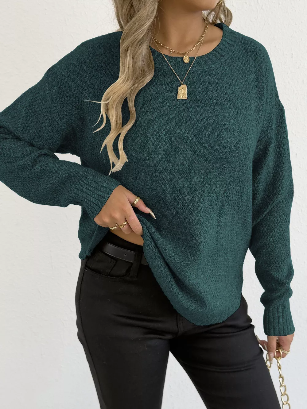 Textured Knit Relaxed Fit Round Neck Sweater, image 19