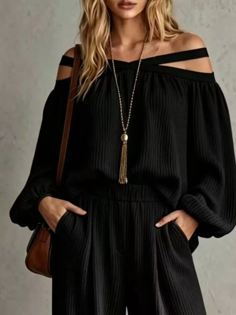 Off-Shoulder Crisscross Cutout Ribbed Knit Top and Wide-Leg Pants Set, image 8