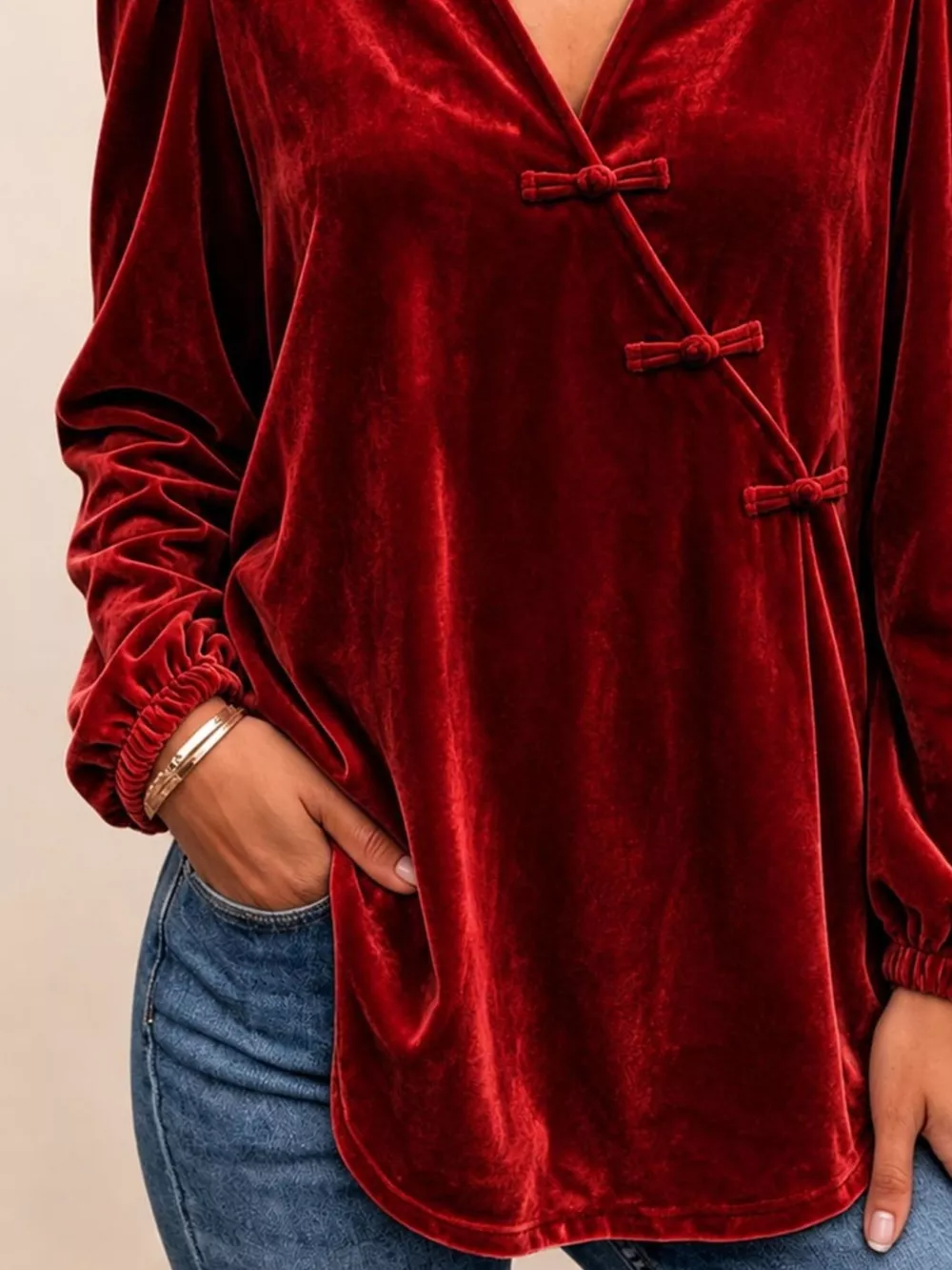 Chinese-Style Knot Buttons Velvet Blouse, image 6