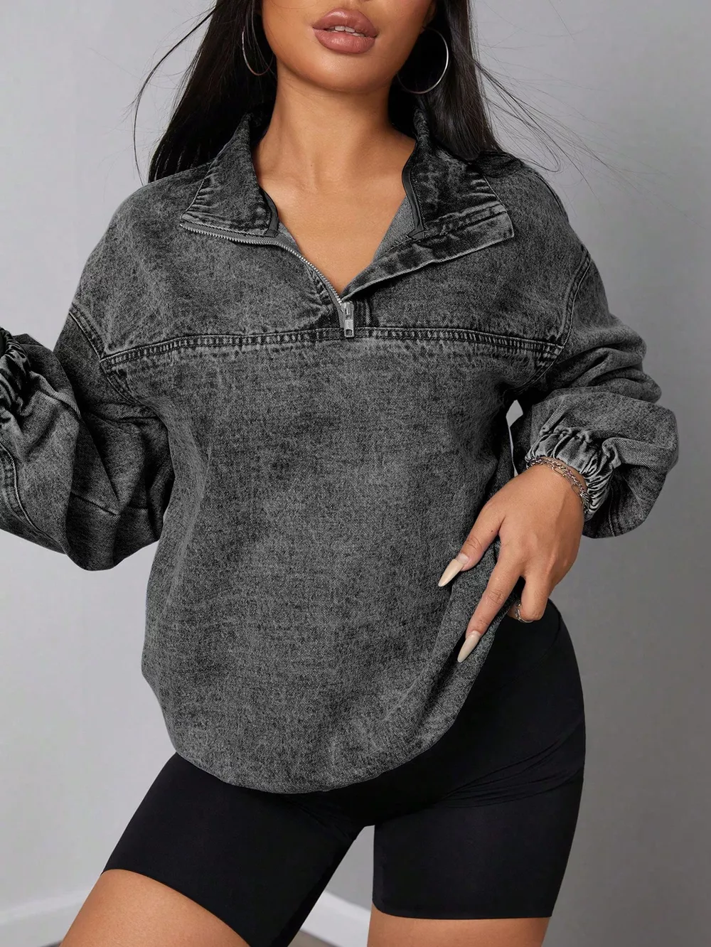 Elastic Hem Quarter Zip Denim Top, image 2