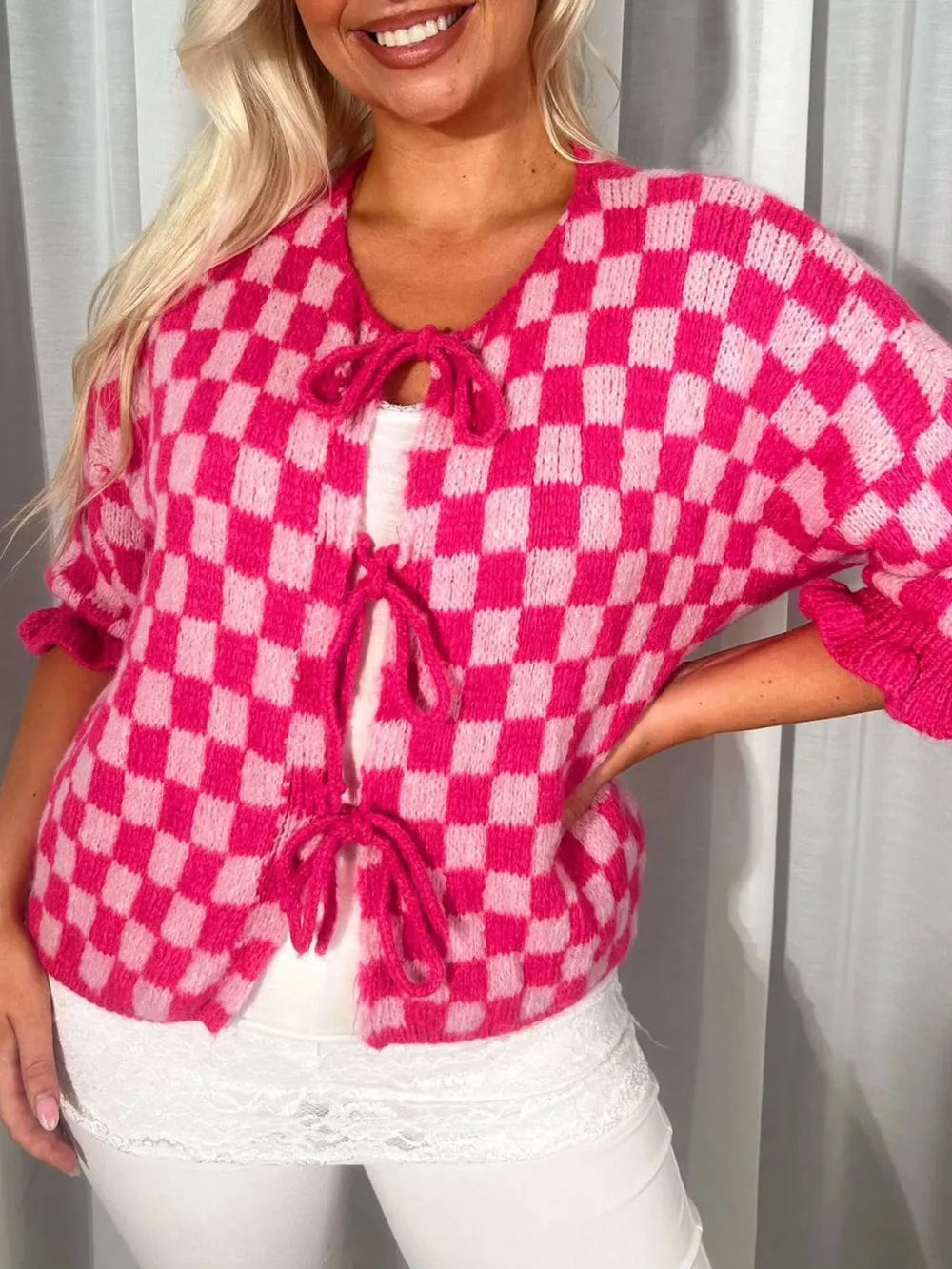 Checkered Tie-Front Knit Cardigan, image 6