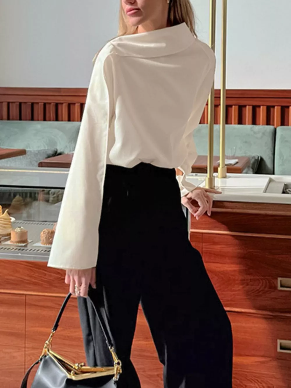 Asymmetrical High Collar Long Sleeve Blouse, image 4