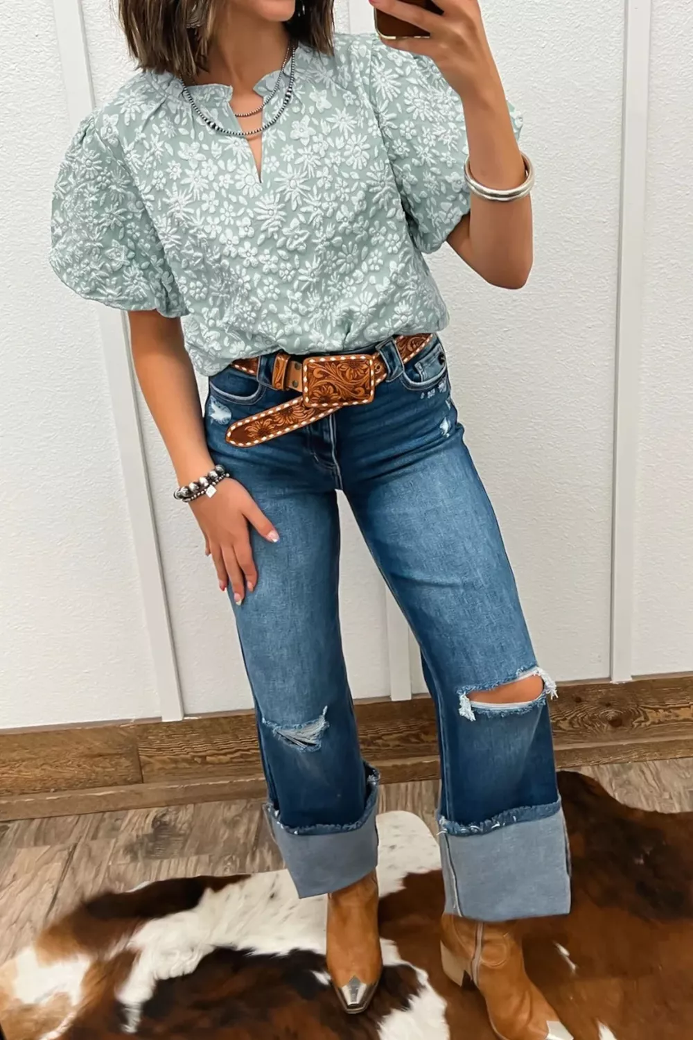 Floral Textured Jacquard Puff Sleeve Blouse, image 2