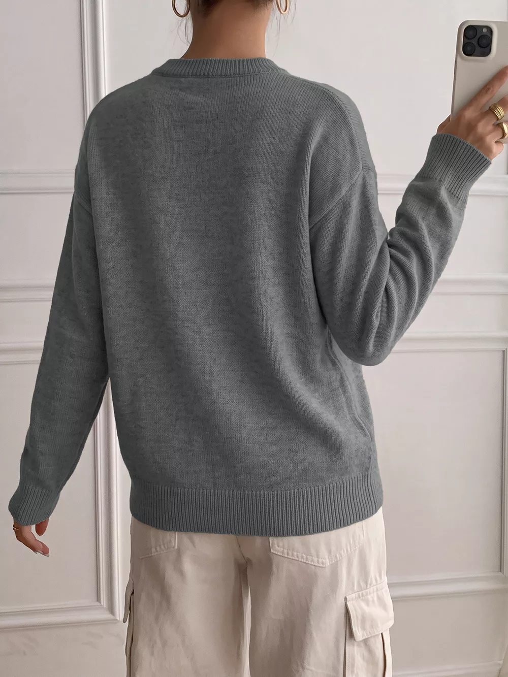 Dropped Shoulder Decorative Button Sweater, image 6