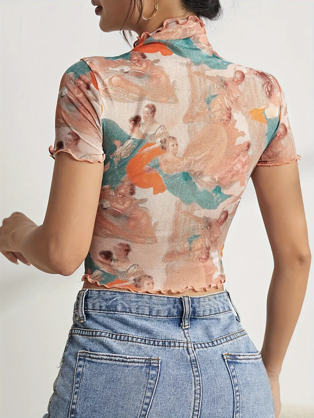Abstract Print Ruffled Mock Neck Crop T-Shirt, image 2