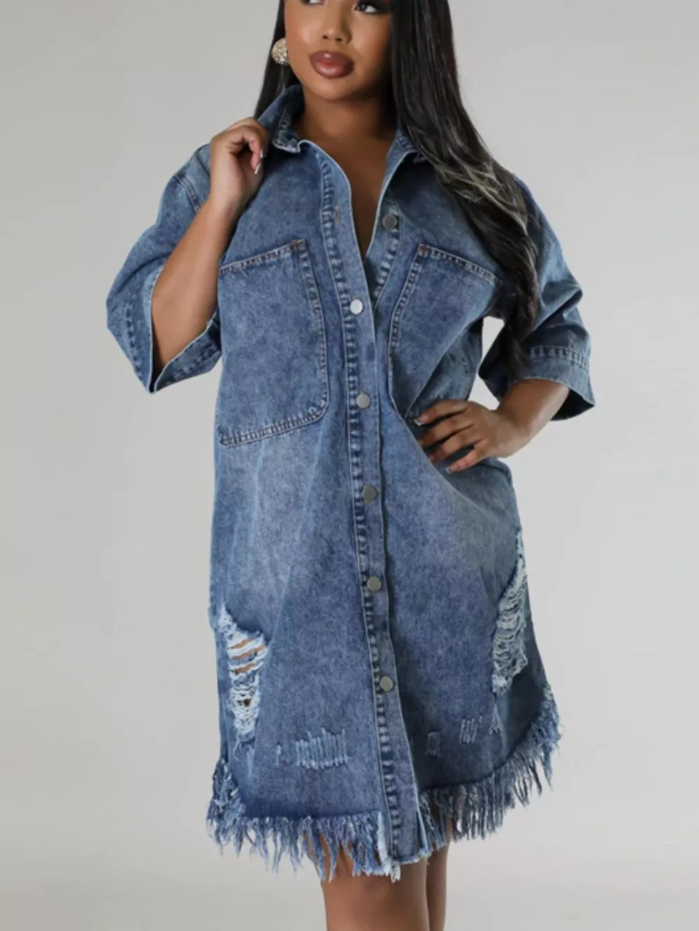 Plus Size Distressed Frayed Hem Button-Down Denim Dress, image 3
