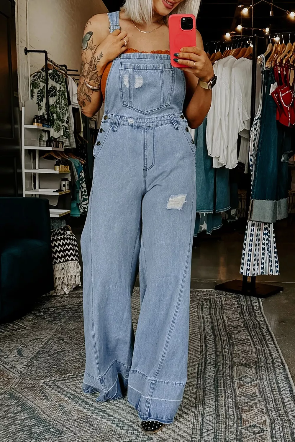 Distressed Wide Leg Denim Overalls, image 2