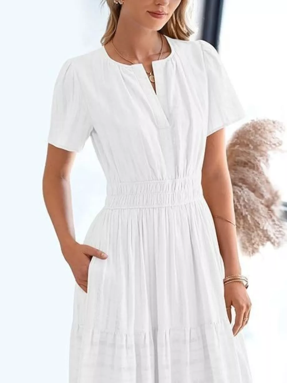 Notched Short Sleeve Tiered Dress, image 8