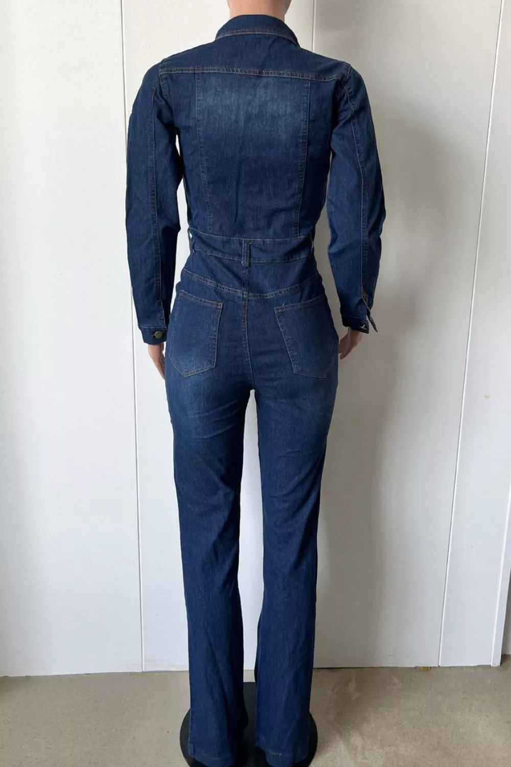 Slim-Fit Long Sleeve Denim Jumpsuit with Flared Legs, image 7