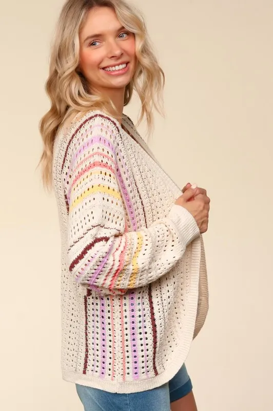 Full Size Striped Crochet Open Front Cardigan, image 3