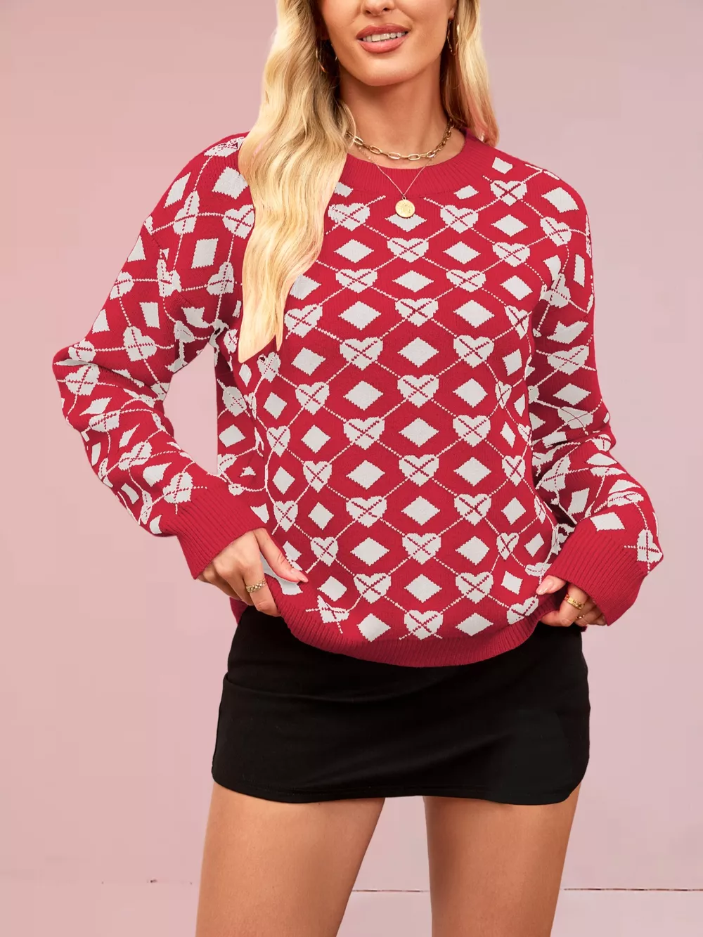 Heart & Diamond Pattern Long Sleeve Sweater, image 13