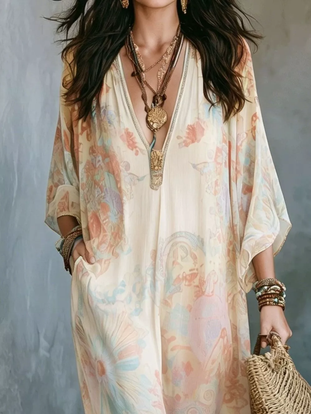 Full Size Floral Print V-Neck Maxi Dress Plus Size, image 5