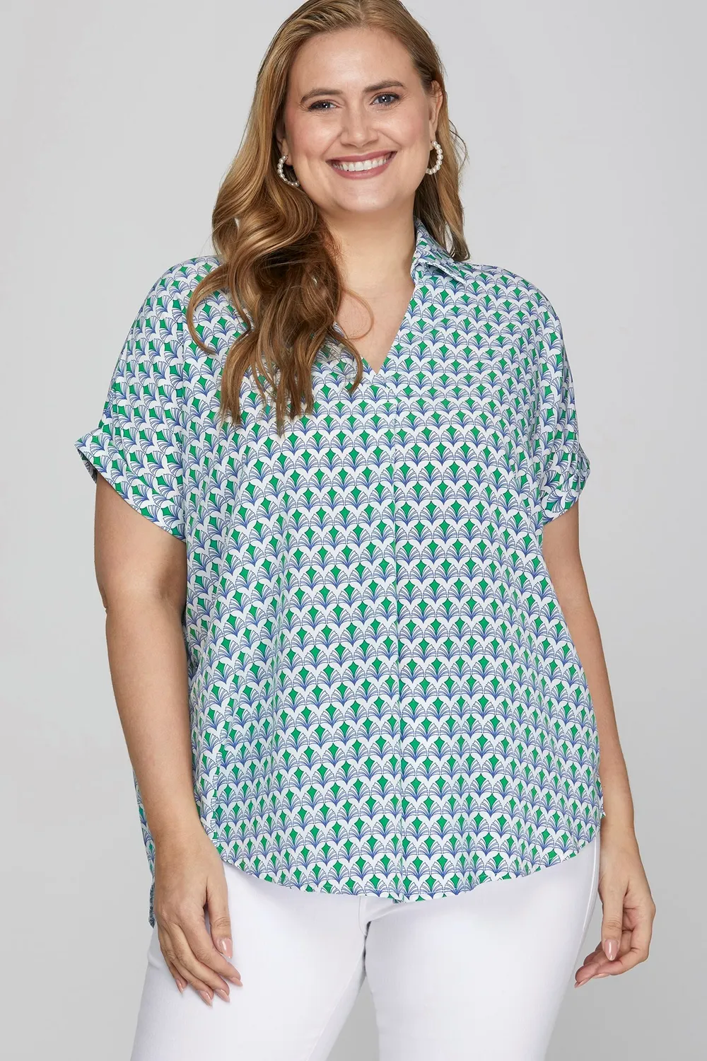 Full Size Printed Johnny Collar Short Sleeve Blouse Plus Size, image 4