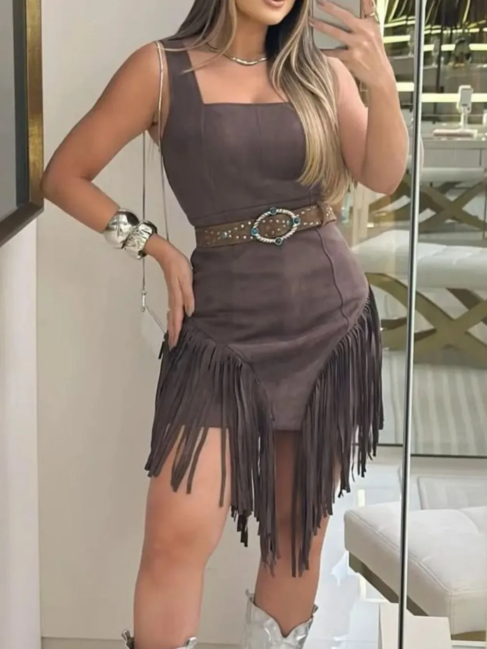 Fringe Square Neck Bodycon Mini Dress, image 3