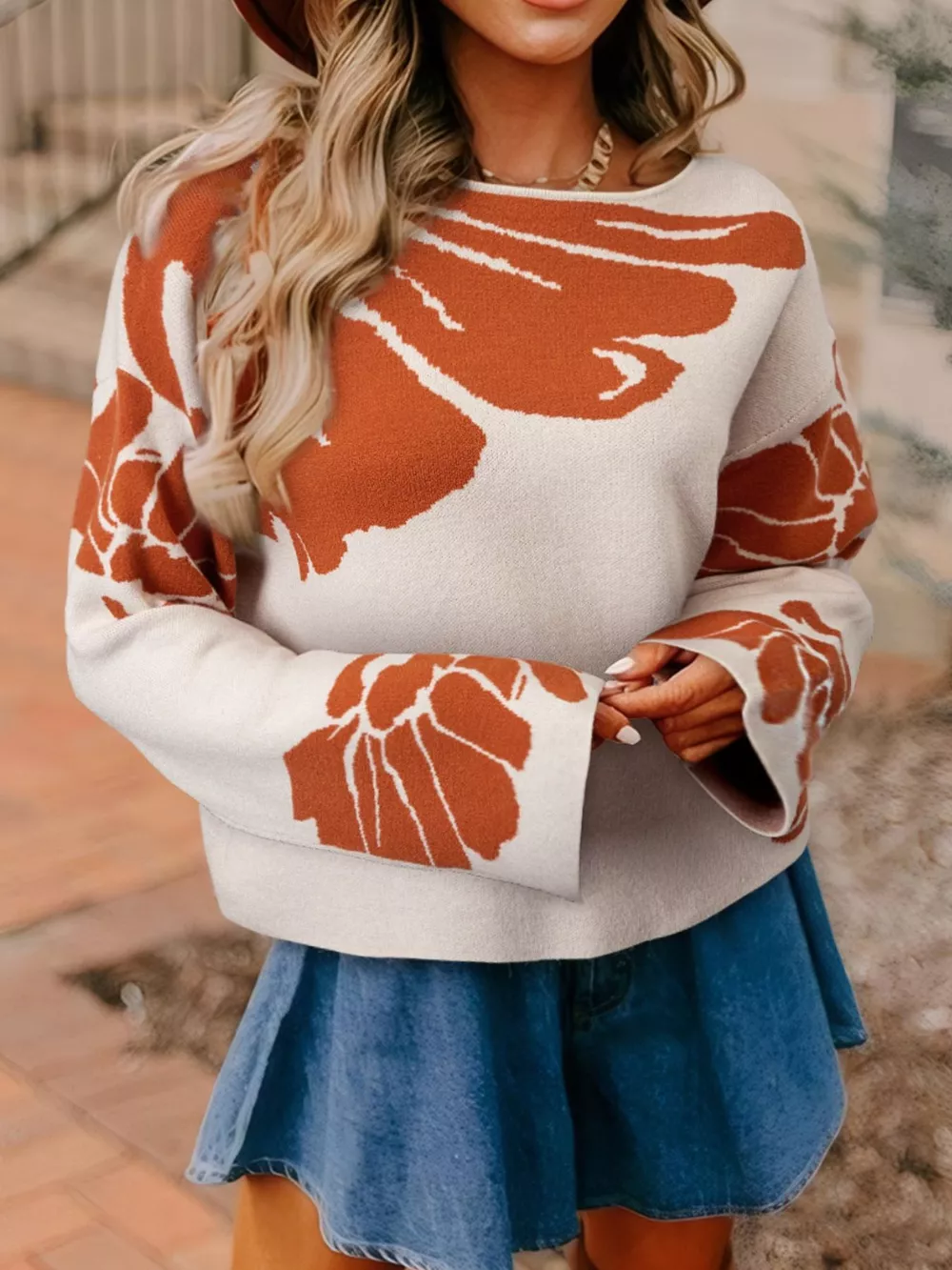 Flower Pattern Wide Sleeve Baggy Sweater