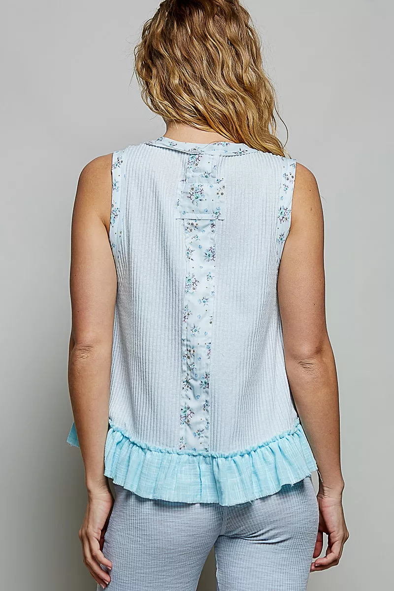 Floral Print Patche Round Neck Ribbed Tank with Double Gauze Ruffle Accents, image 6