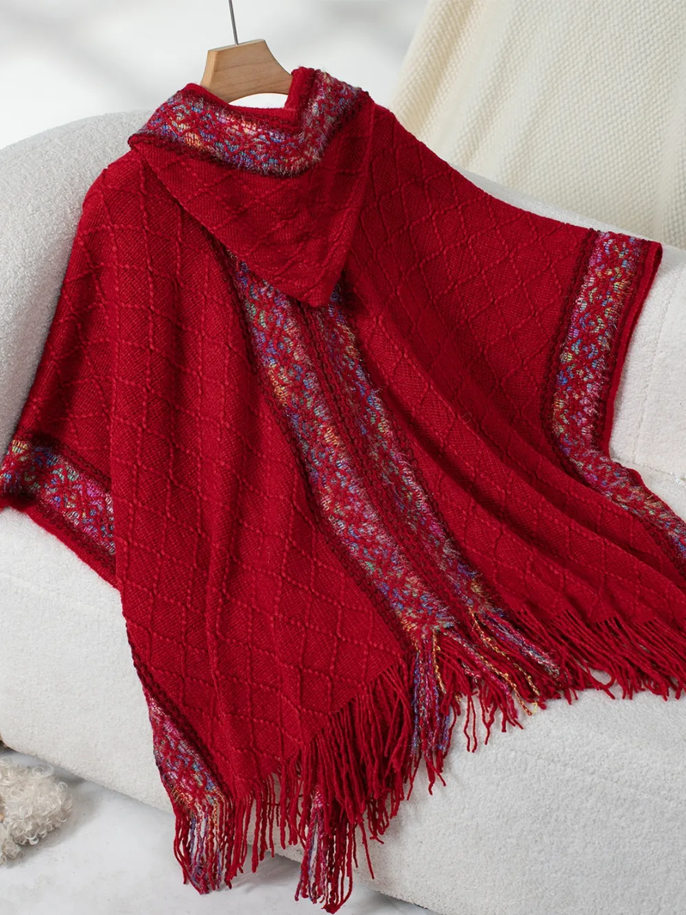Fringe Half Sleeve Hooded Poncho, image 15