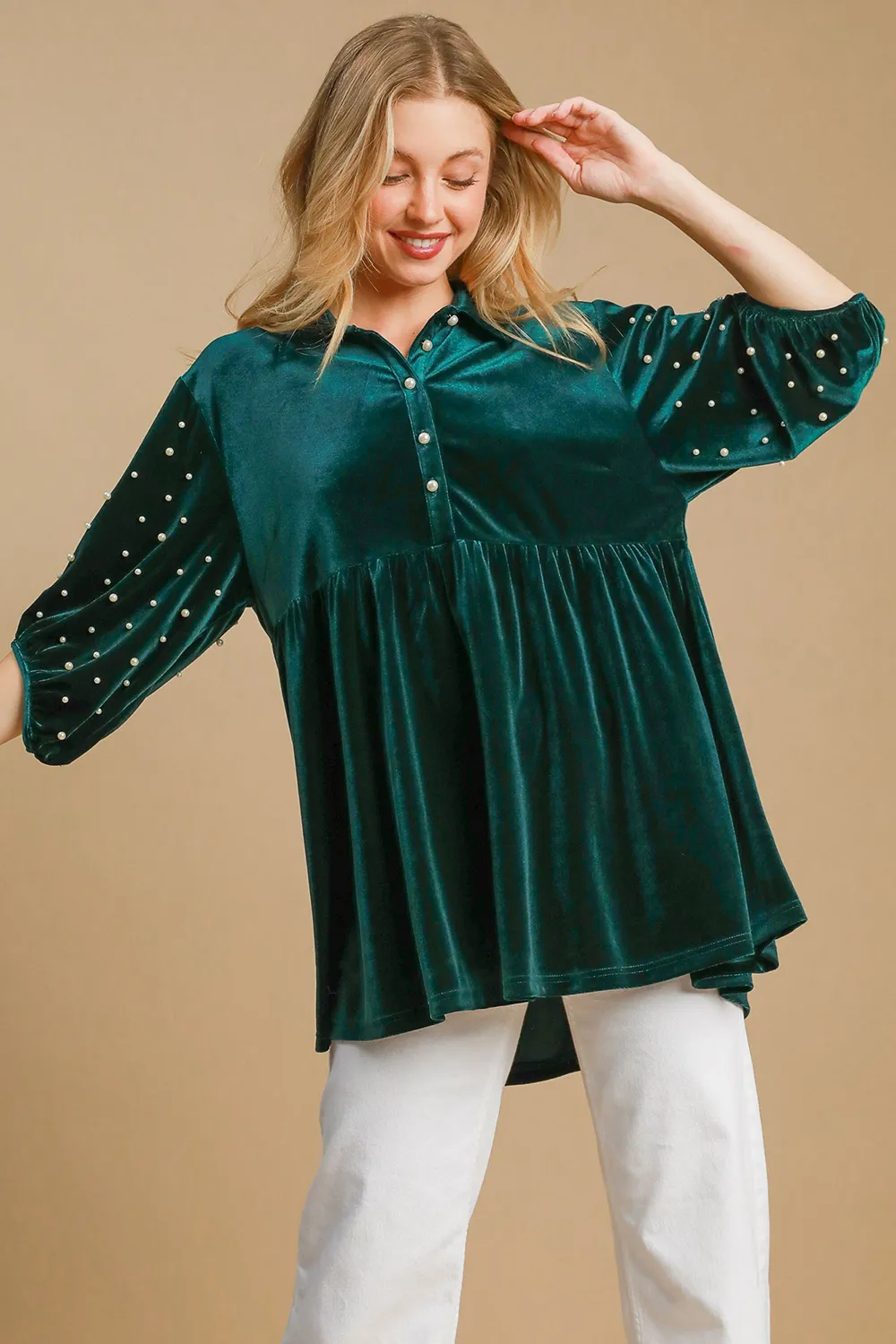 Pearl Detail Half Sleeve Velvet Babydoll Blouse, image 3