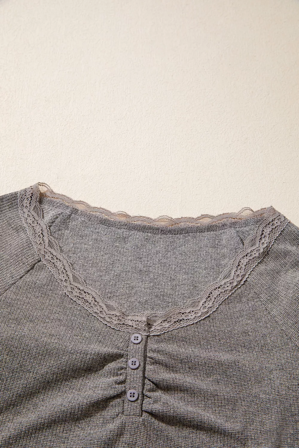 Solid Color Ribbed Lace Trim V-Neck Button Detail Long Sleeve Top, image 7