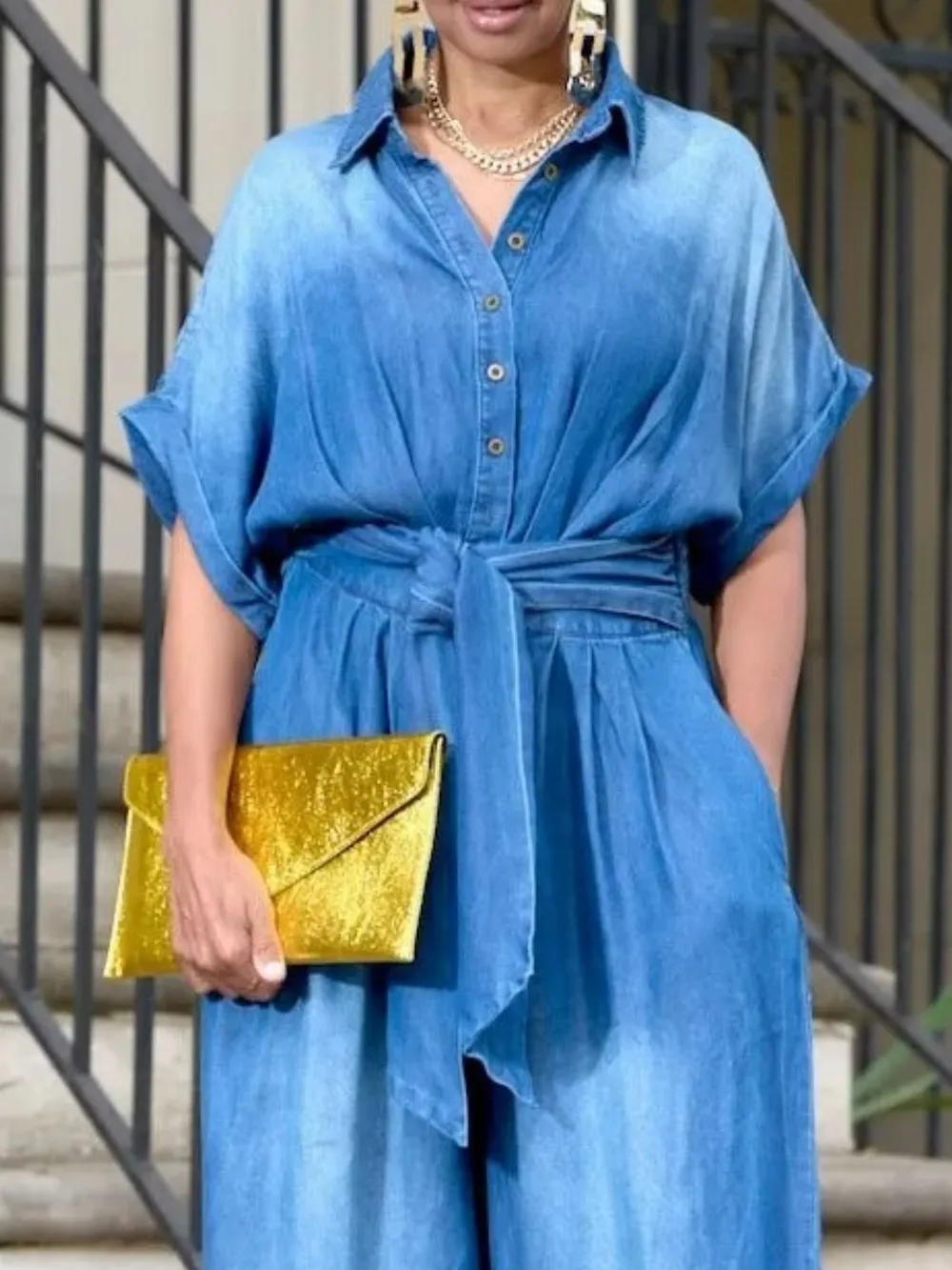 Button Front Wide Leg Denim Jumpsuit, image 6
