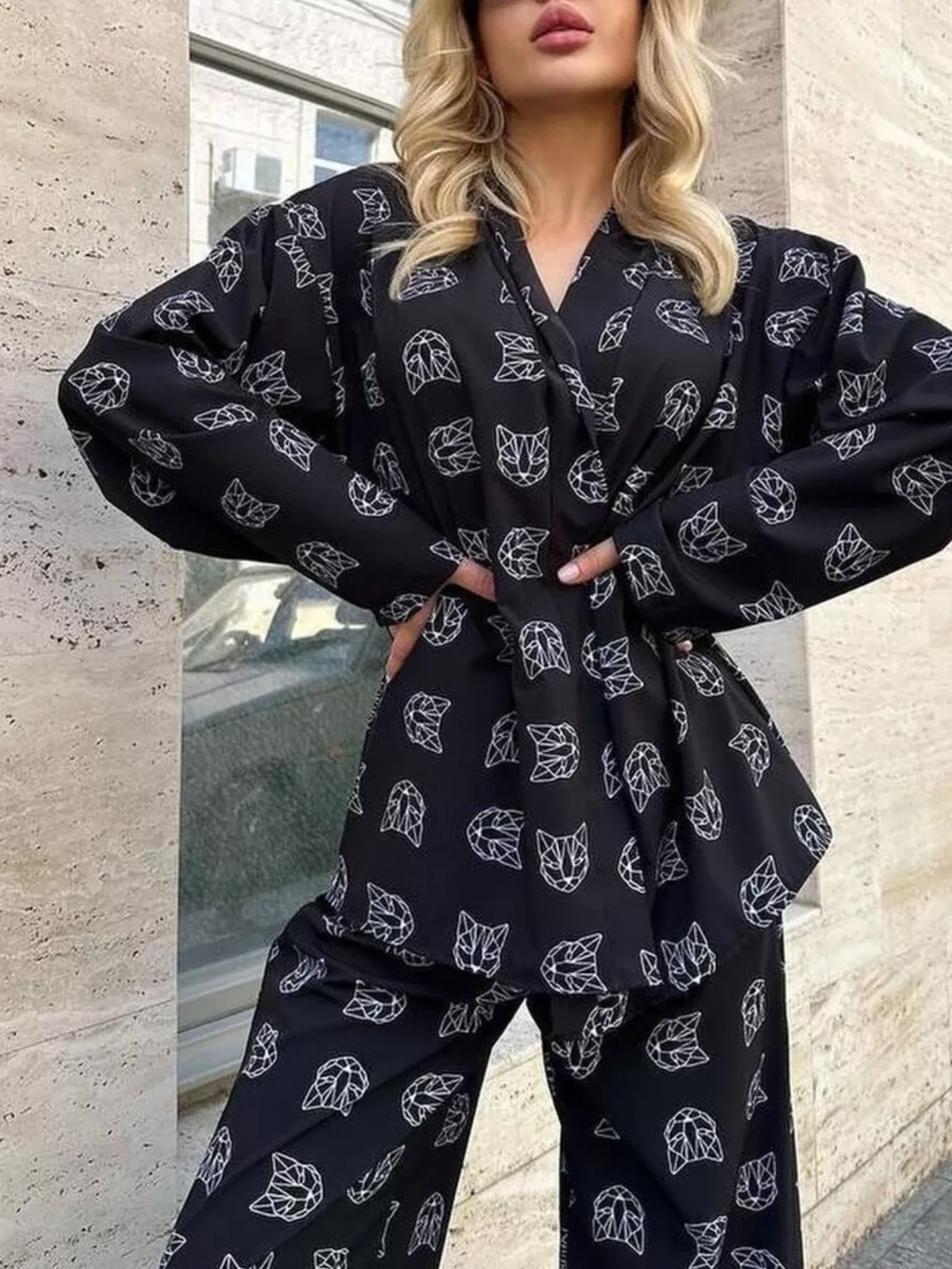 Open Front Cat Print Shirt and Pants Set, image 3