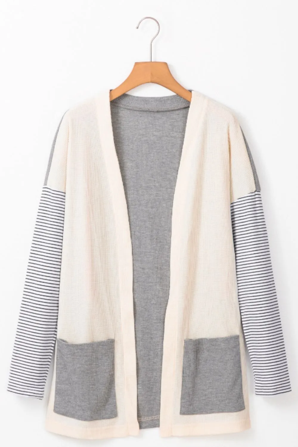 Open Front Long Sleeve Striped Cardigan with Pockets, image 3