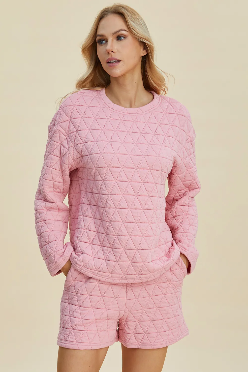 Full Size Texture Round Neck Long Sleeve Top and Shorts Set, image 7