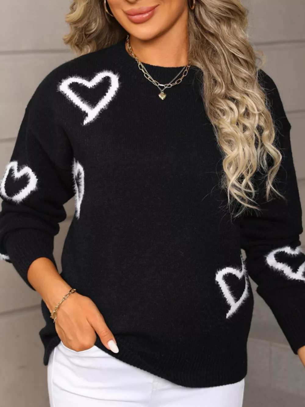Valentine's Day Heart Print Crew Neck Sweater, image 5