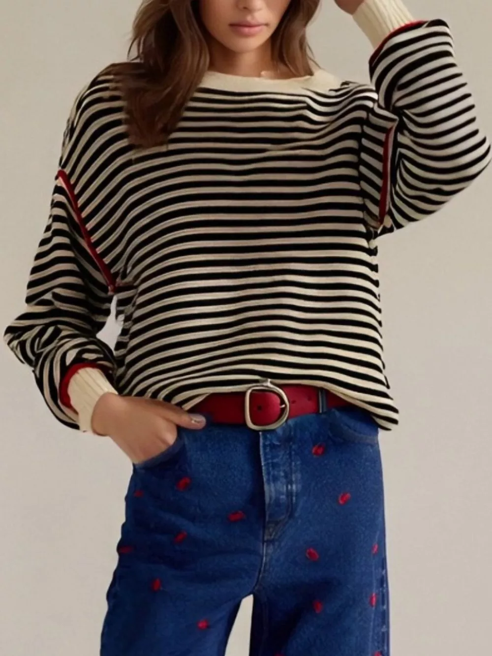 Striped Round Neck Long Sleeve Sweater, image 8