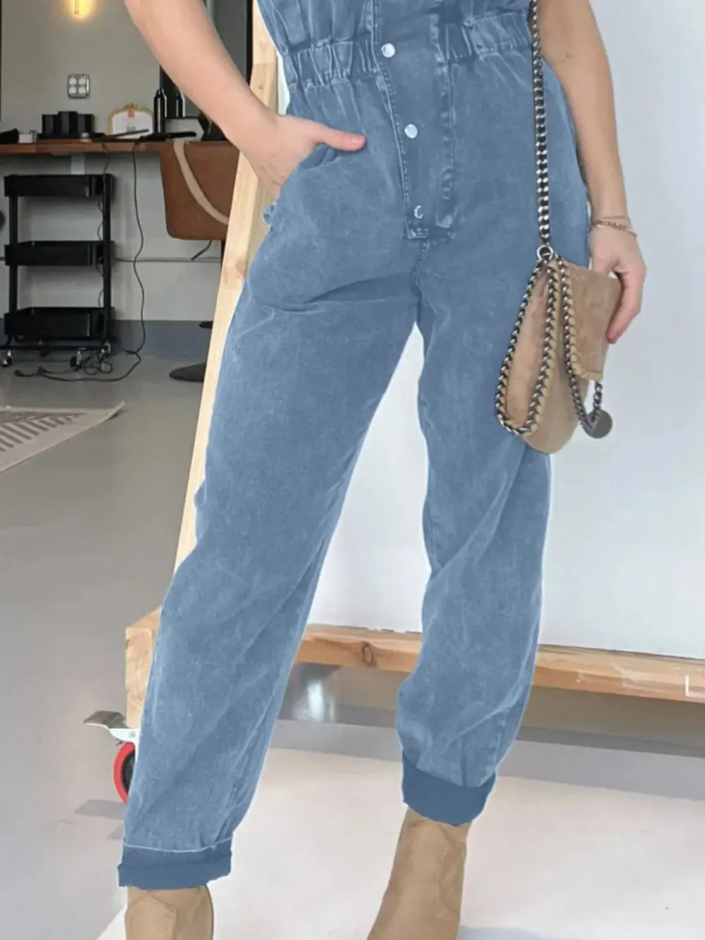 Full Size Button Front Cap Sleeve Denim Jumpsuit Plus Size, image 14