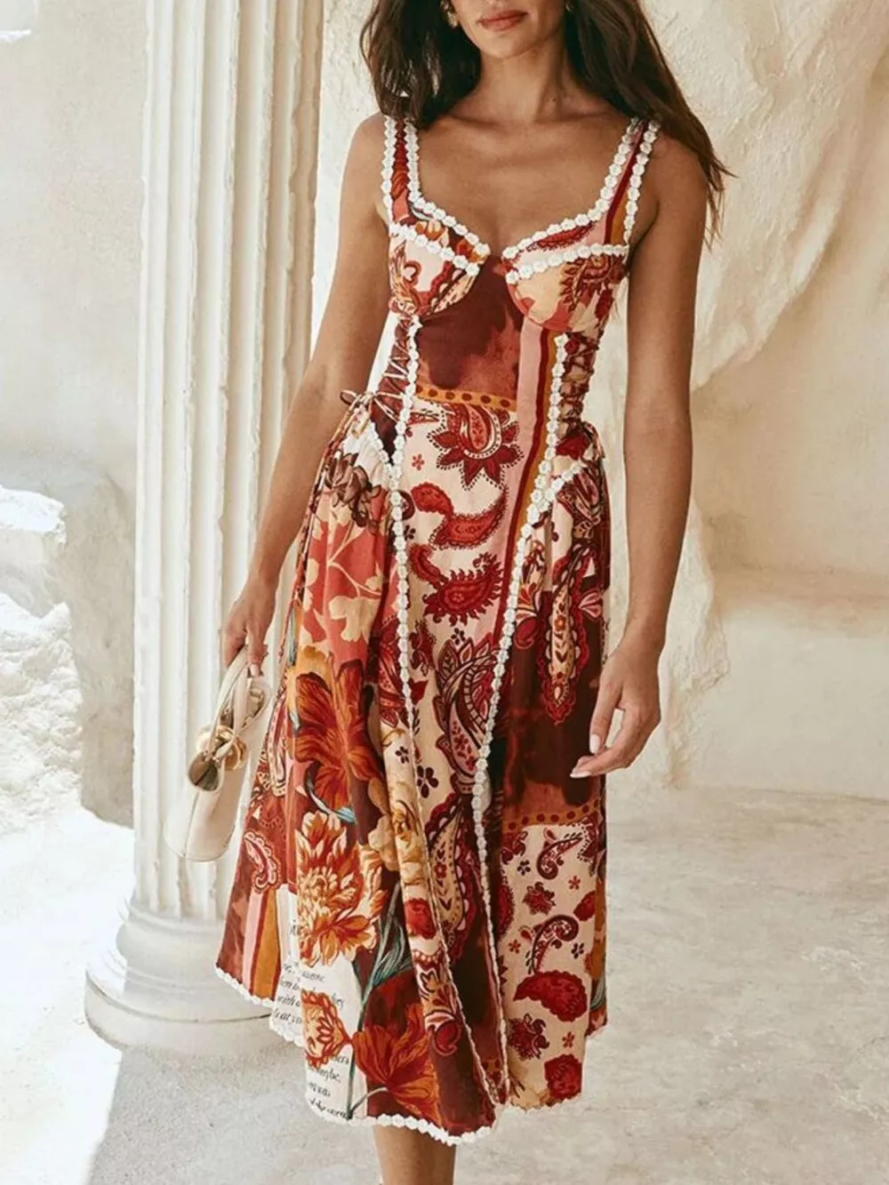 Vintage Paisley Print Lace Trim Midi Dress, image 4