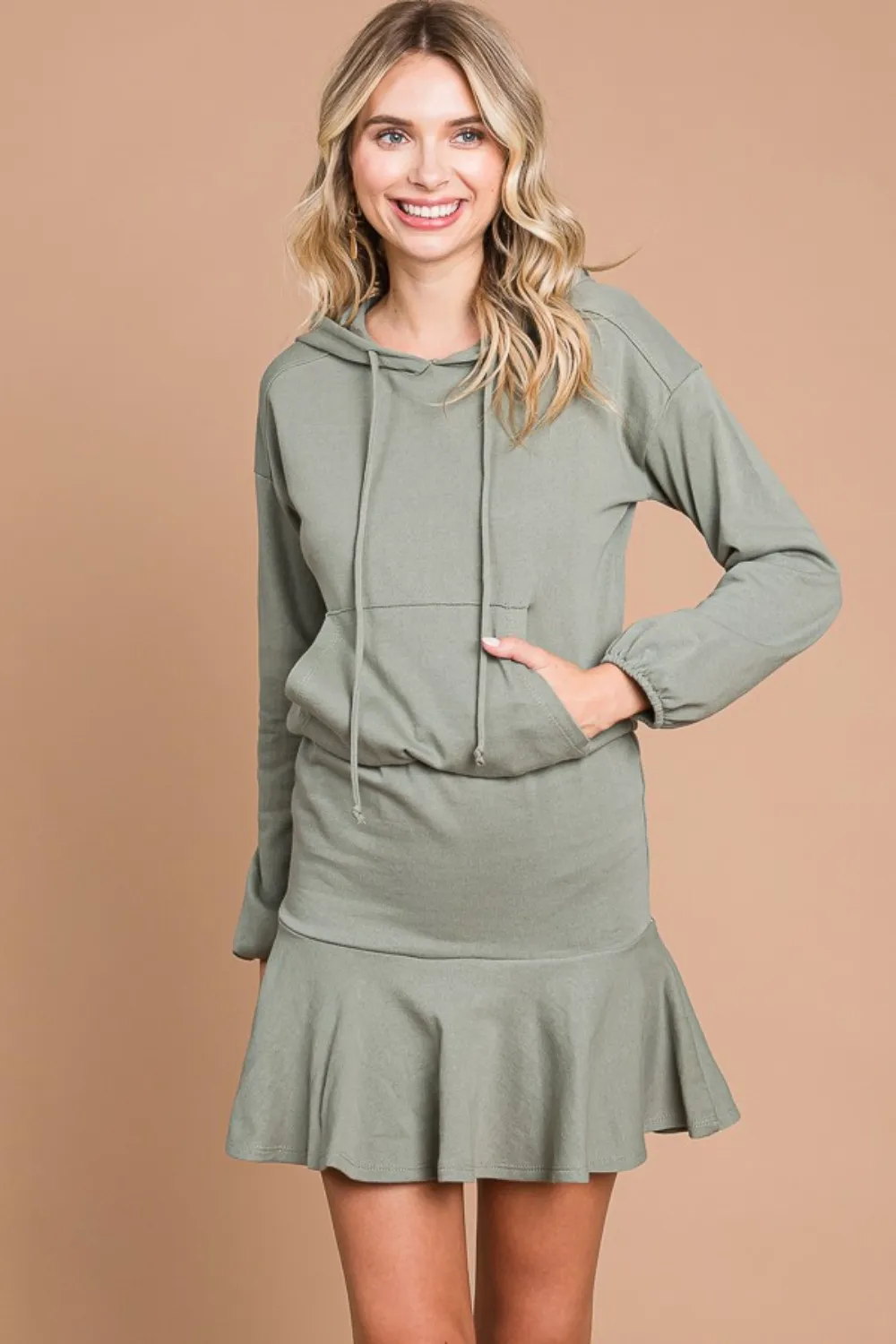 Full Size Drawstring Dropped Shoulder Hooded Mini Dress, image 3