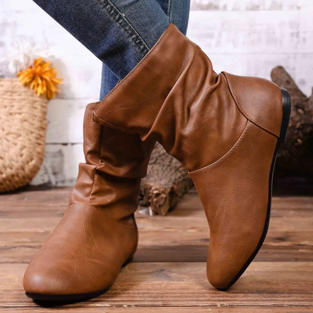 Flat Ankle Boots with Wrinkled Design, image 4