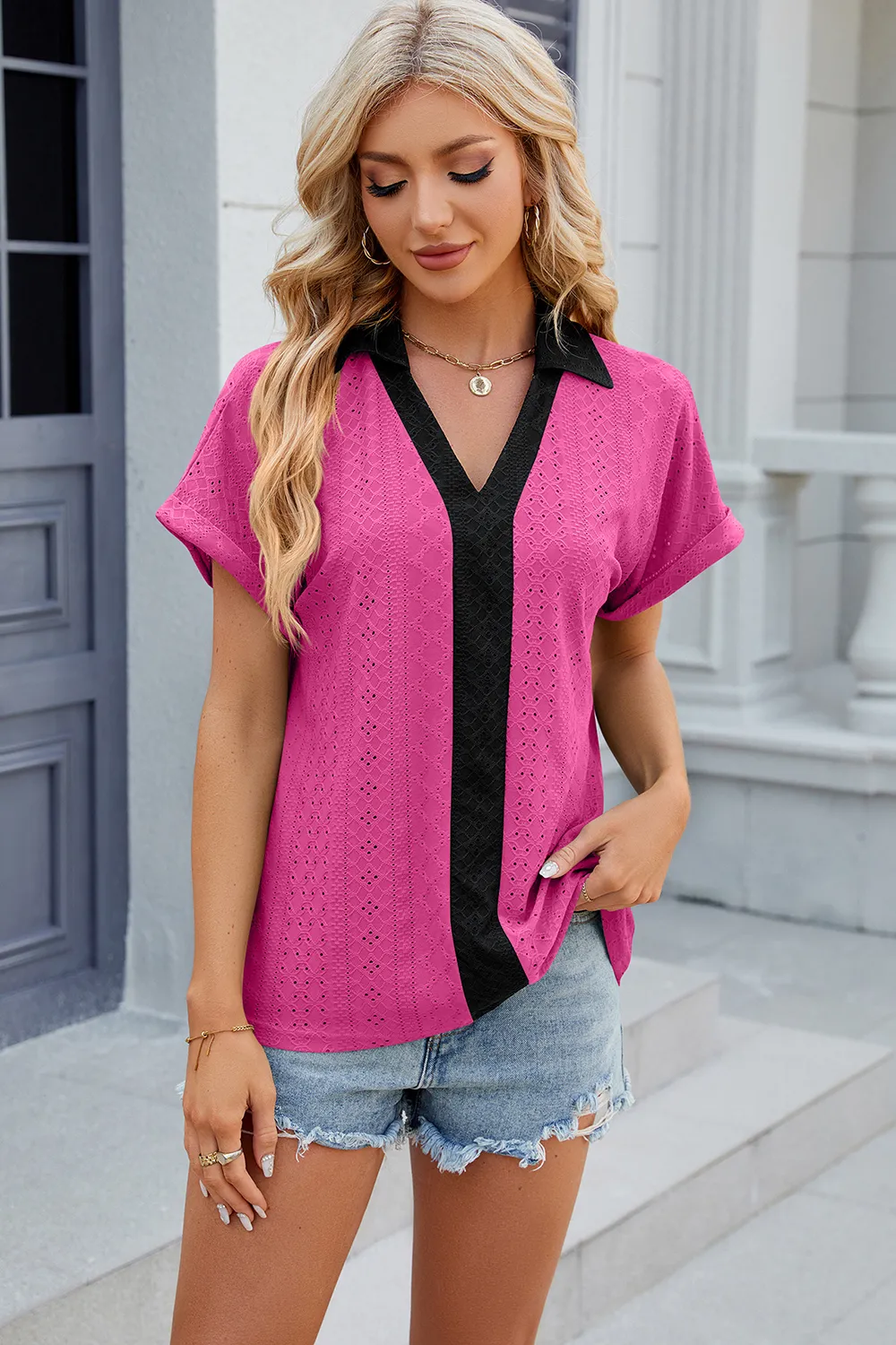 Eyelet Johnny Collar Short Sleeve T-Shirt, image 7