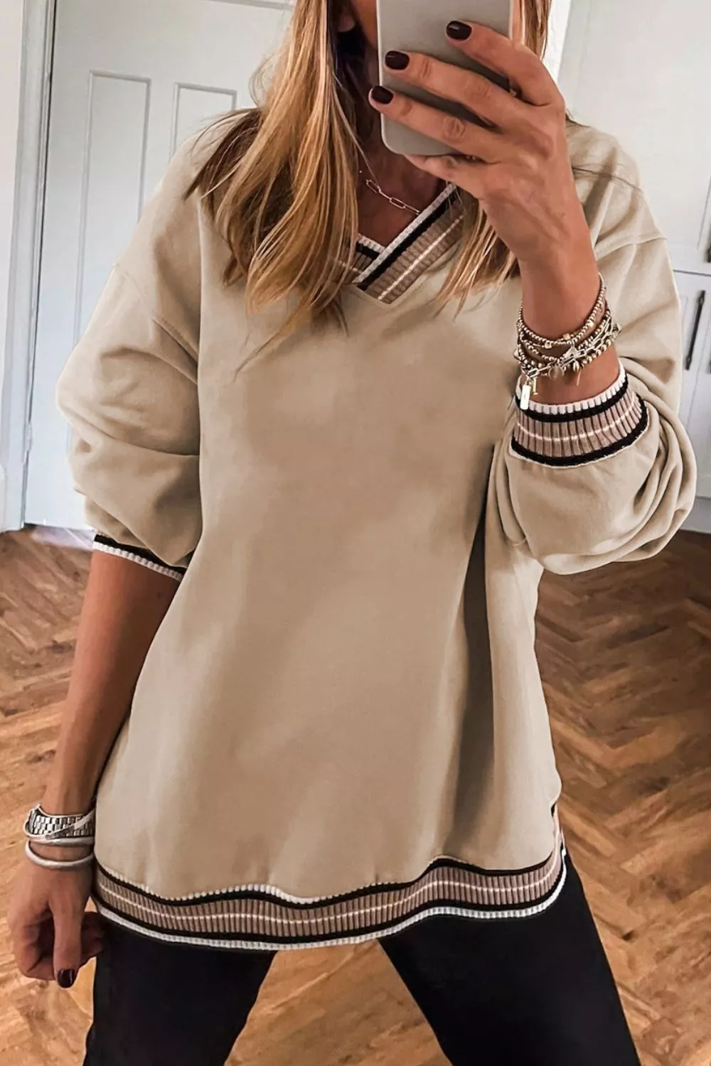 Casual V-Neck Striped Trim Pullover, image 2